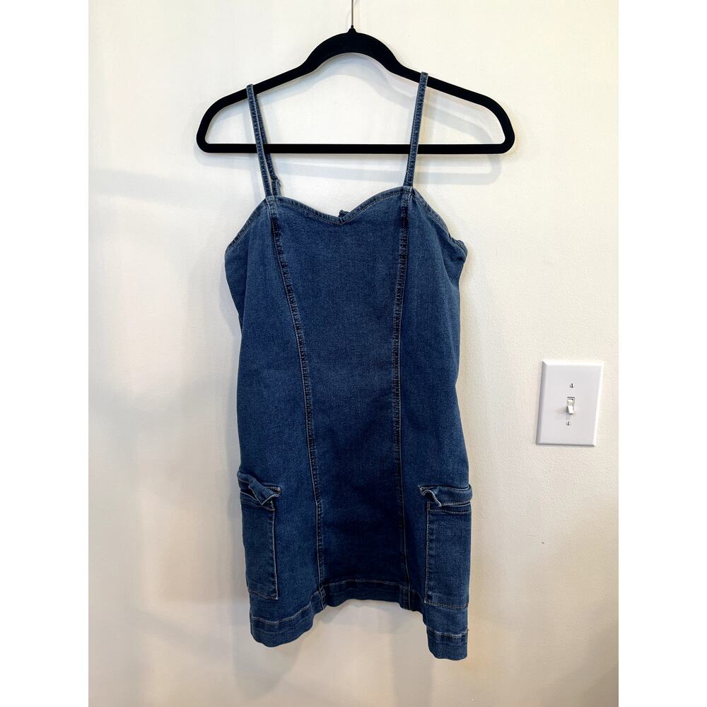 Celebrity Pink Denim Mini Dress Medium Stretch Jean Dress Y2K Pocket Detail